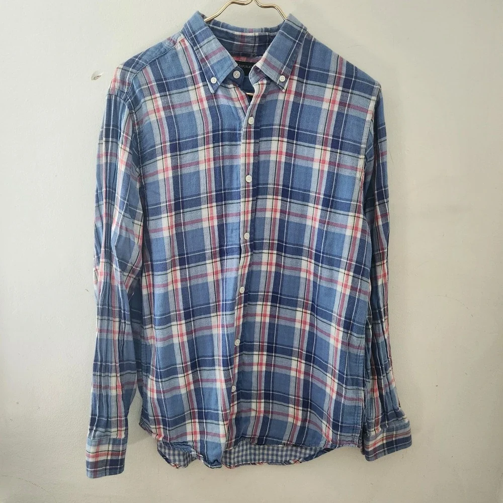 Banana Republic Mens Slim Fit Plaid Button Down Shirt Blue Red Medium Cotton